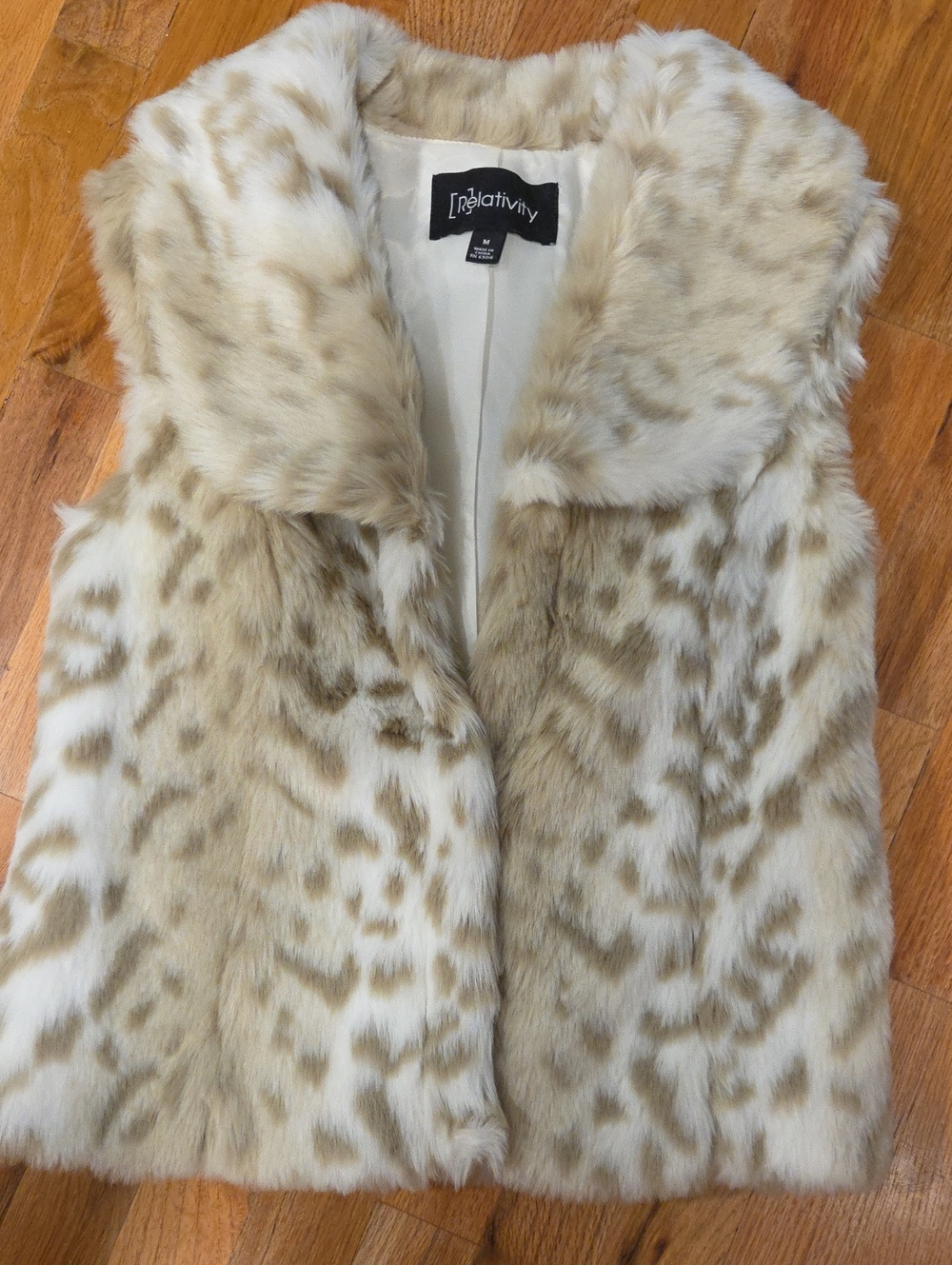 Relativity Faux Fur Leopard Spotted Vest Cream Tan Size M